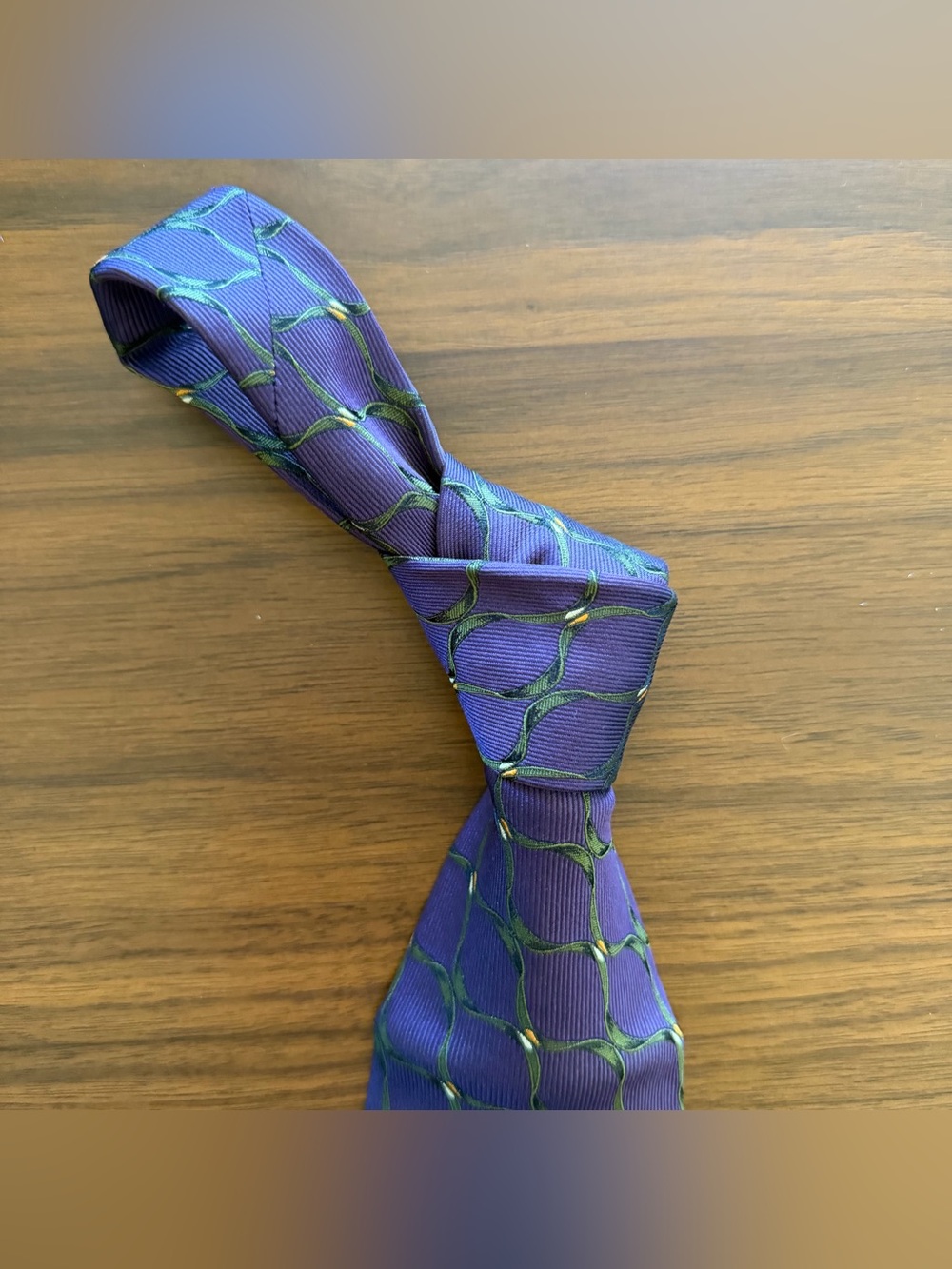 Luciano Barbera Purple Silk Tie with Green Linked Pattern